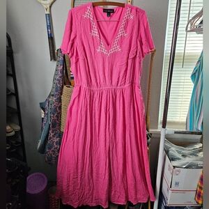 Lane Bryant Bright Pink Dress long midi lined embroidered fit & flare summer 12
